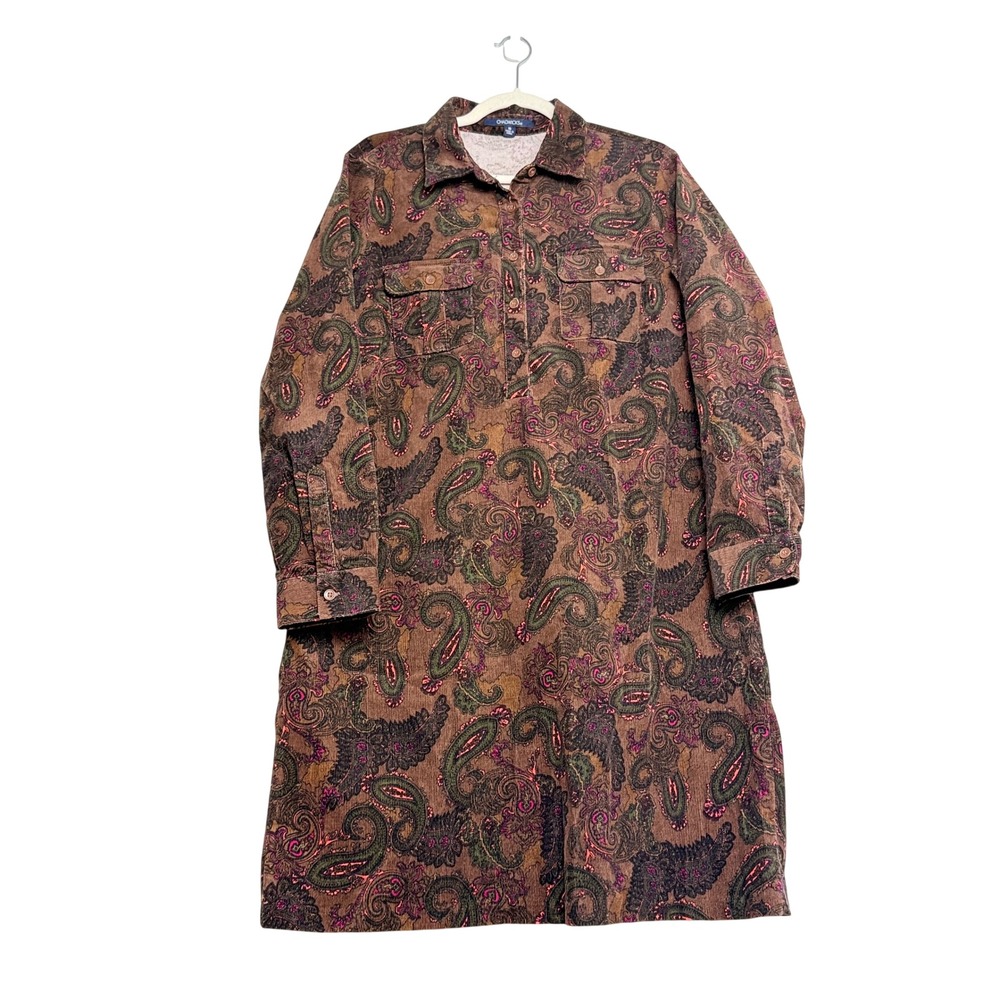 Chadwicks Fall Boho Women's Brown Paisley Corduroy Long Sleeve Shirt Dress Sz 16